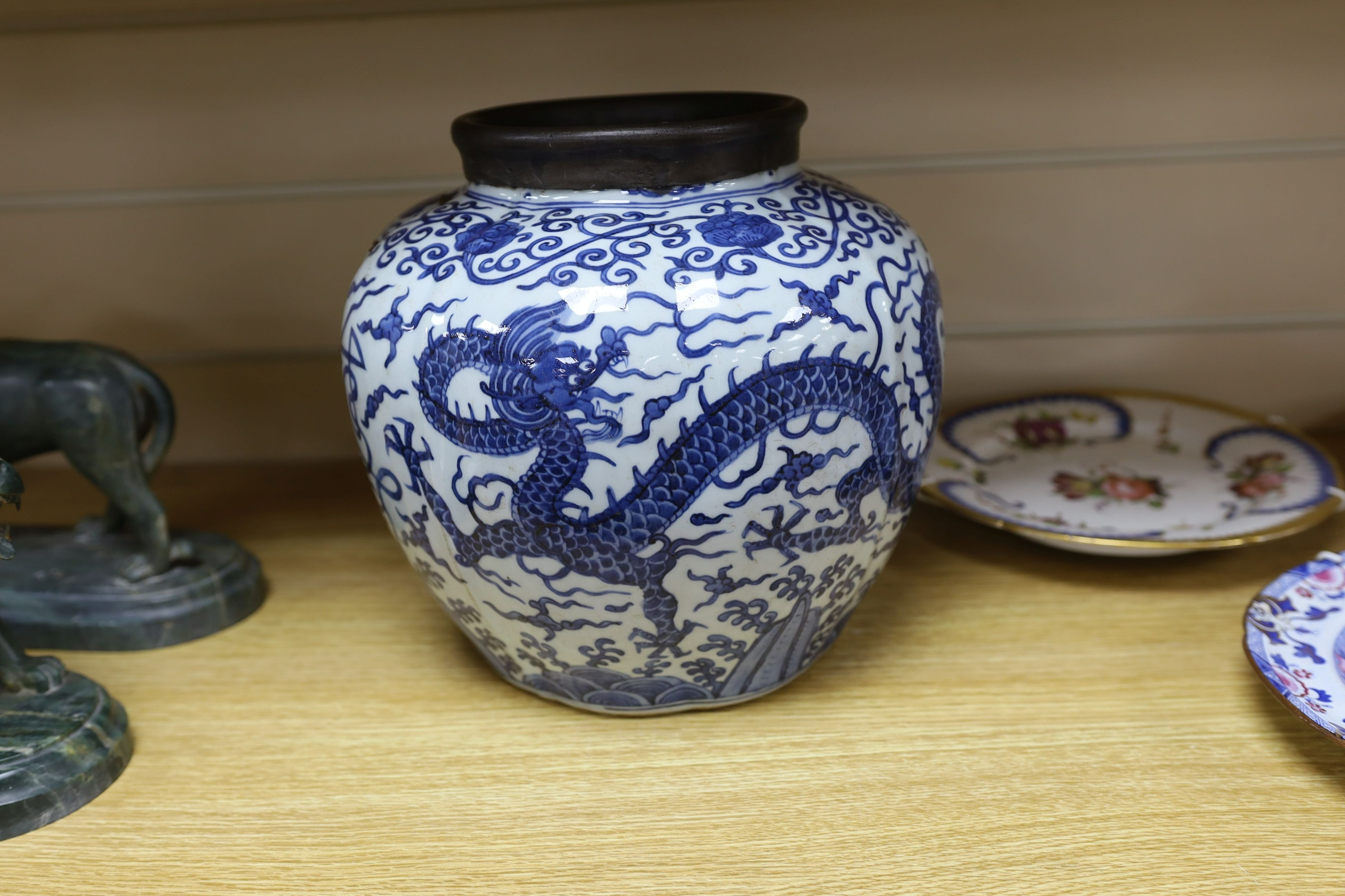 A Chinese blue and white ‘dragon jar, Wanli mark and possibly of the period, 23 cm high